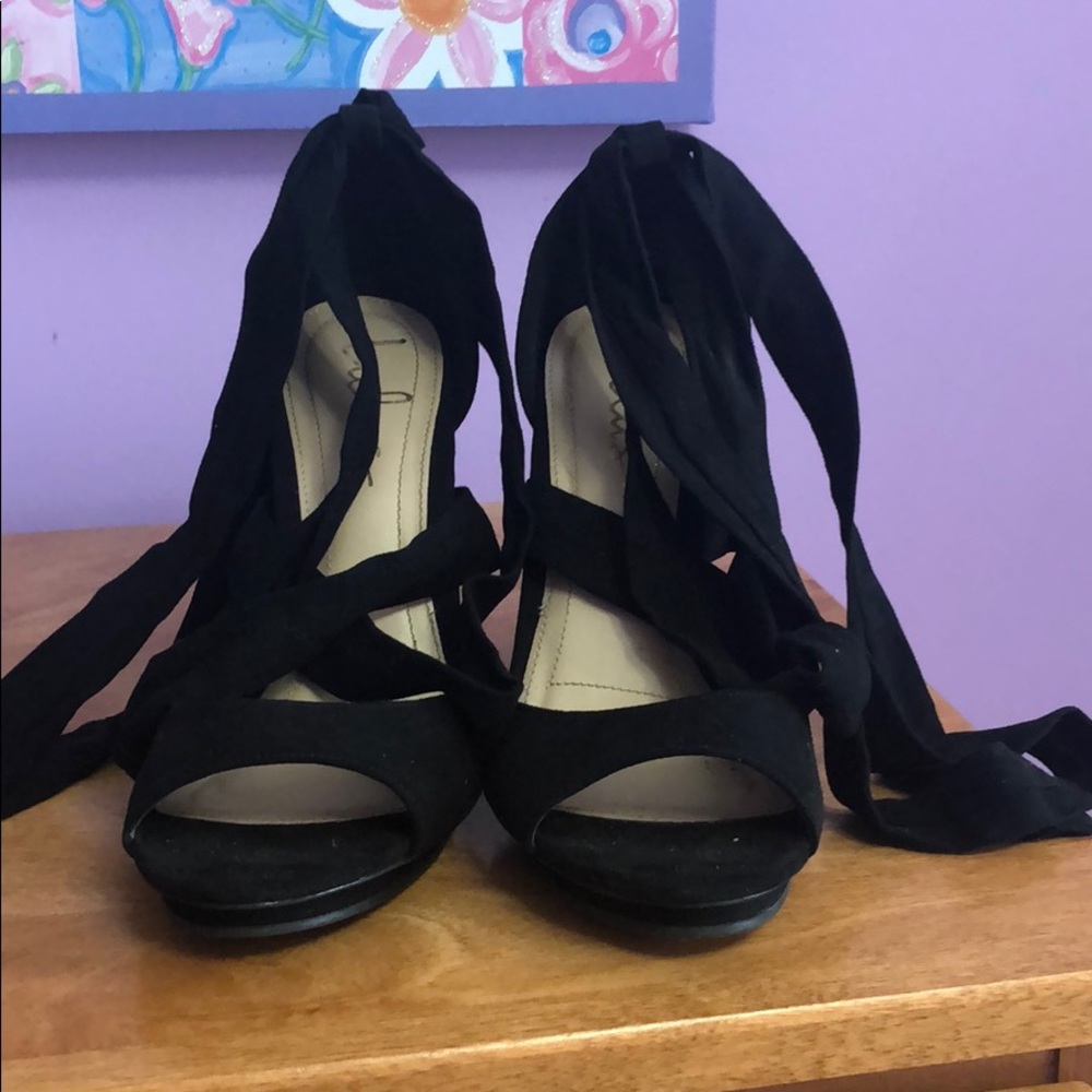 black ankle tie heels